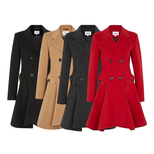 Women's double-breasted winter coat with flared hem in black, camel, charcoal grey, and red – elegant tailored wool-blend outerwear