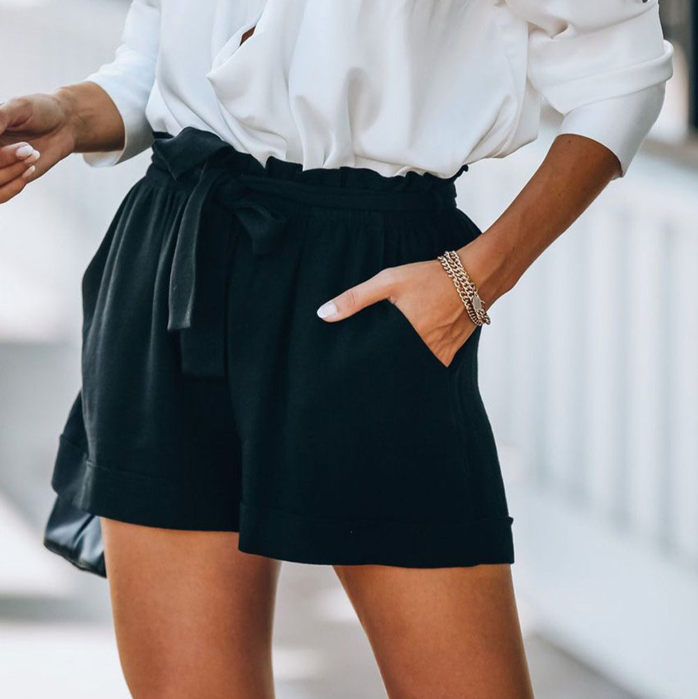Cotton Pocketed Paper Bag Waist Shorts