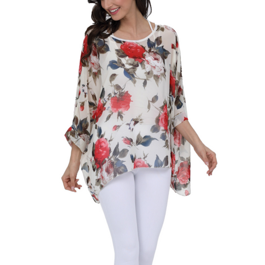 Women's sheer floral chiffon blouse with red and pink rose print, featuring 3/4 sleeves and asymmetrical hem – perfect for spring and summer outfits