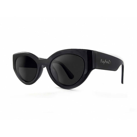 Ruby Rocks D black cat-eye sunglasses with thick glossy frame and dark lenses, vintage-inspired women’s designer eyewear.