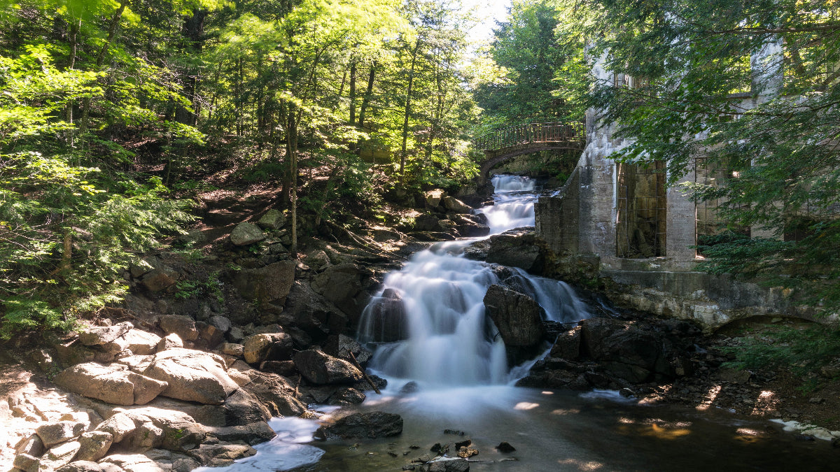 Tranquil forest waterfall beside mossy ruins and stone bridge, evoking calm, balance, and natural recovery