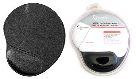 Ergonomic black gel mouse pad with wrist rest by Gembird, packaged and unpackaged view for computer comfort and support.